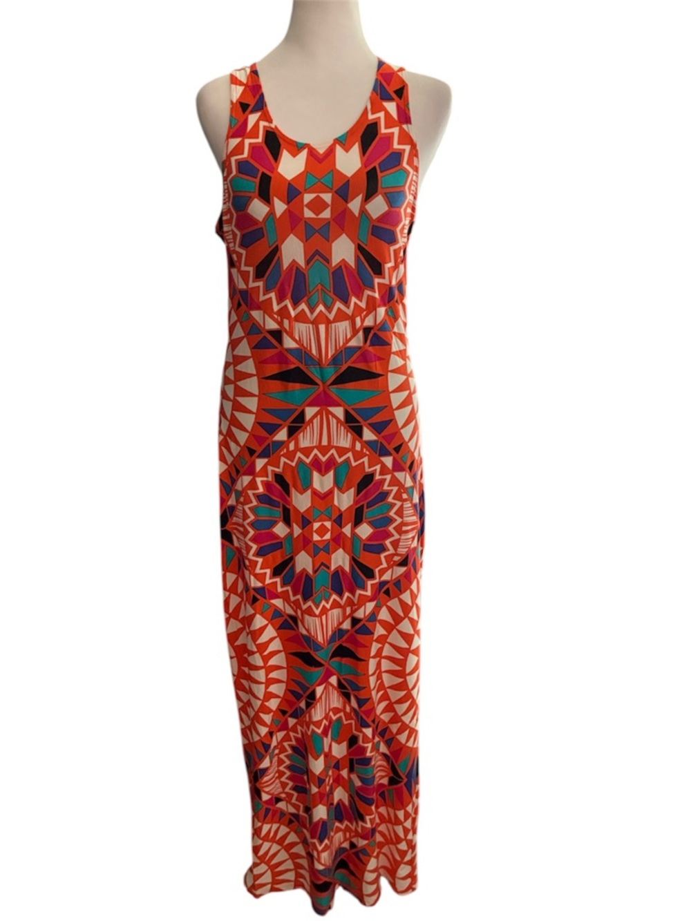 VENUS Sleeveless Geometric Maxi Dress - Red, Orange, Blue size S